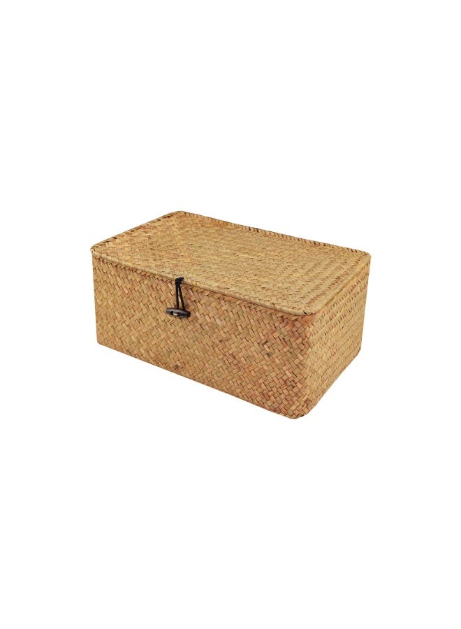 Wicker Storage Box with Lid, Natural Hand-woven Rattan Storage Box, Rectangular Household Organizer Boxes Shelf Wardrobe Organizer (M) - Image 1